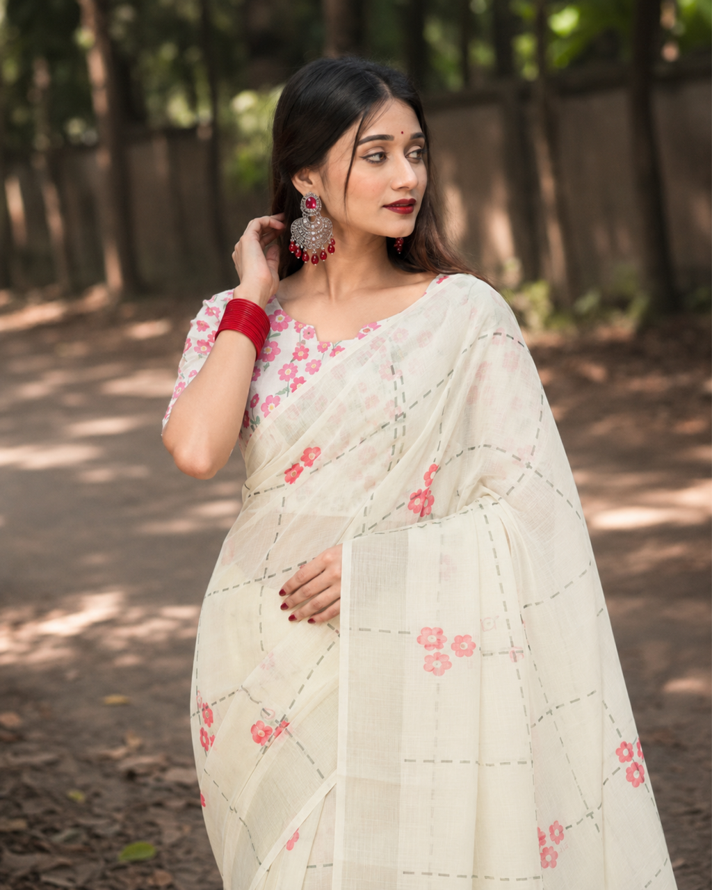 Ivory Pink Floral Check Print Chanderi Saree