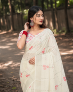 Ivory Pink Floral Check Print Chanderi Saree