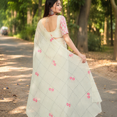 Ivory Pink Floral Check Print Chanderi Saree