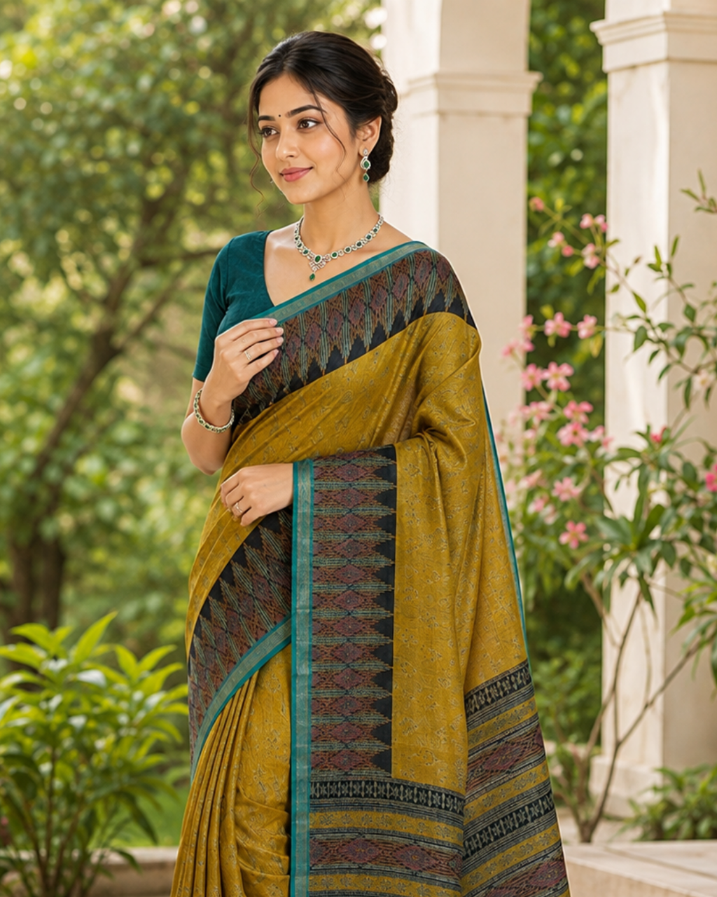 Antique Olive Mustard Ikat Weave Premium Silk Saree