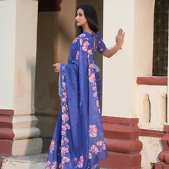 Royal Blue Hand-Painted Floral Linen Saree