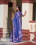 Royal Blue Hand-Painted Floral Linen Saree