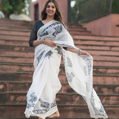 Monochrome White Elephant Motif Linen Saree