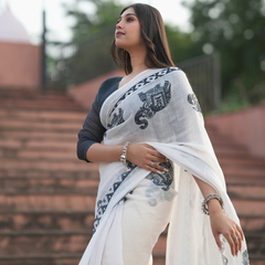 Monochrome White Elephant Motif Linen Saree