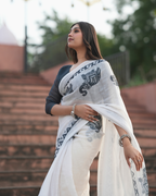 Monochrome White Elephant Motif Linen Saree