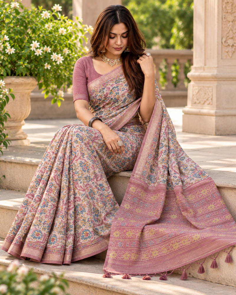 Lavender Mauve Floral Kalamkari Jaal Premium Silk Saree