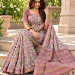 Lavender Mauve Floral Kalamkari Jaal Premium Silk Saree