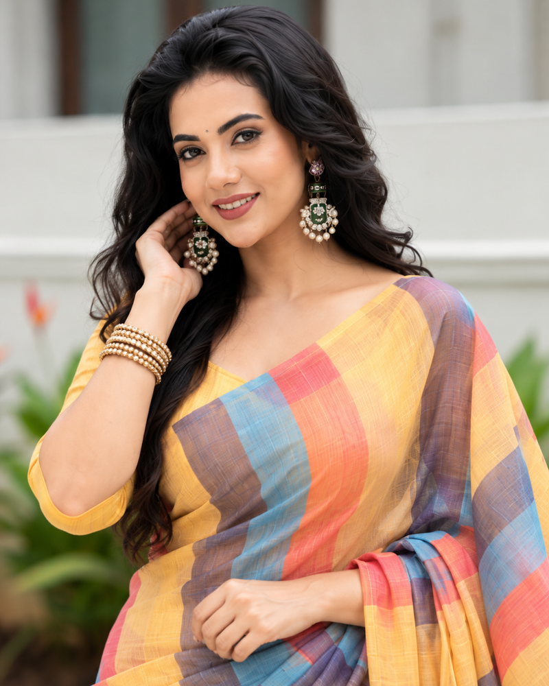 Sunrise Multicolor Pastel Striped Linen Saree