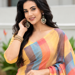Sunrise Multicolor Pastel Striped Linen Saree
