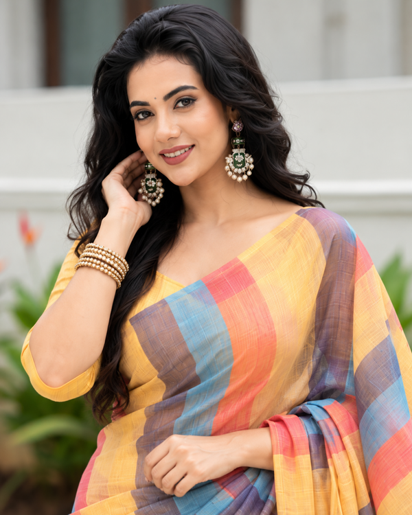 Sunrise Multicolor Pastel Striped Linen Saree