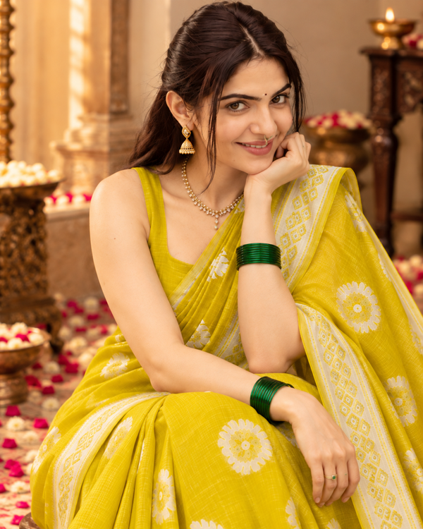 Chartreuse Medallion Jamdani Cotton Saree