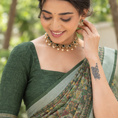 Sage Green Kalamkari Miniature Chanderi Saree