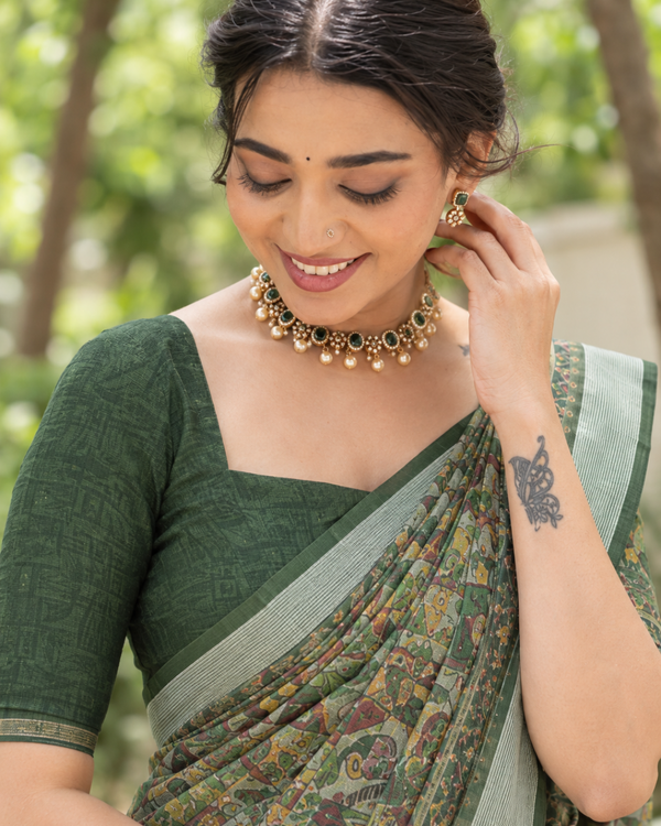 Sage Green Kalamkari Miniature Chanderi Saree