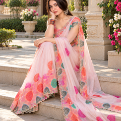 Blush Pink Multicolor Polka Dot Fandy Silk Saree