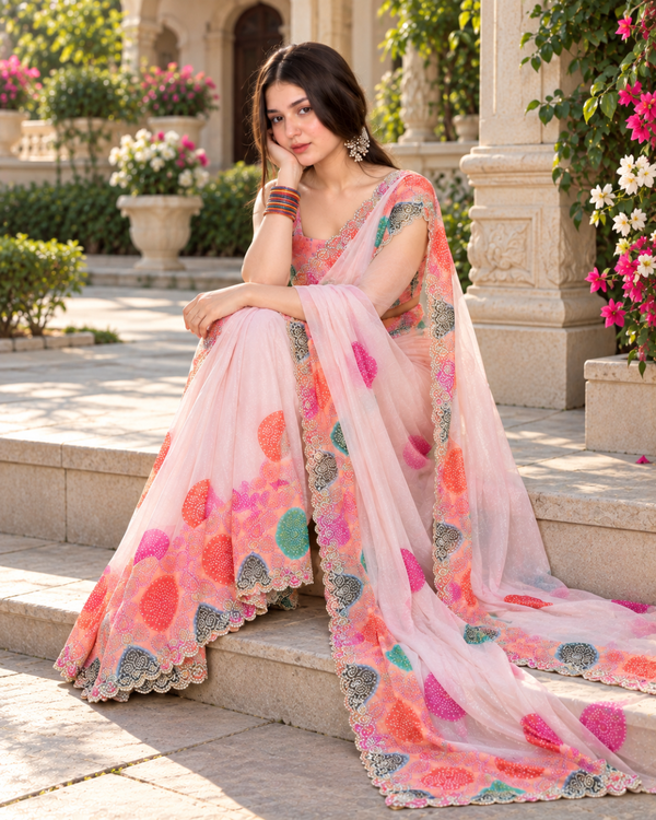 Blush Pink Multicolor Polka Dot Fandy Silk Saree