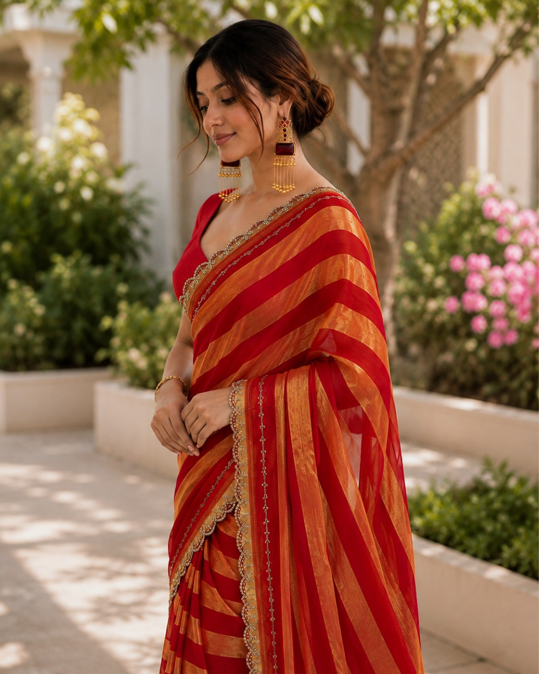 Crimson Red Leheriya Striped Fandy Silk Saree