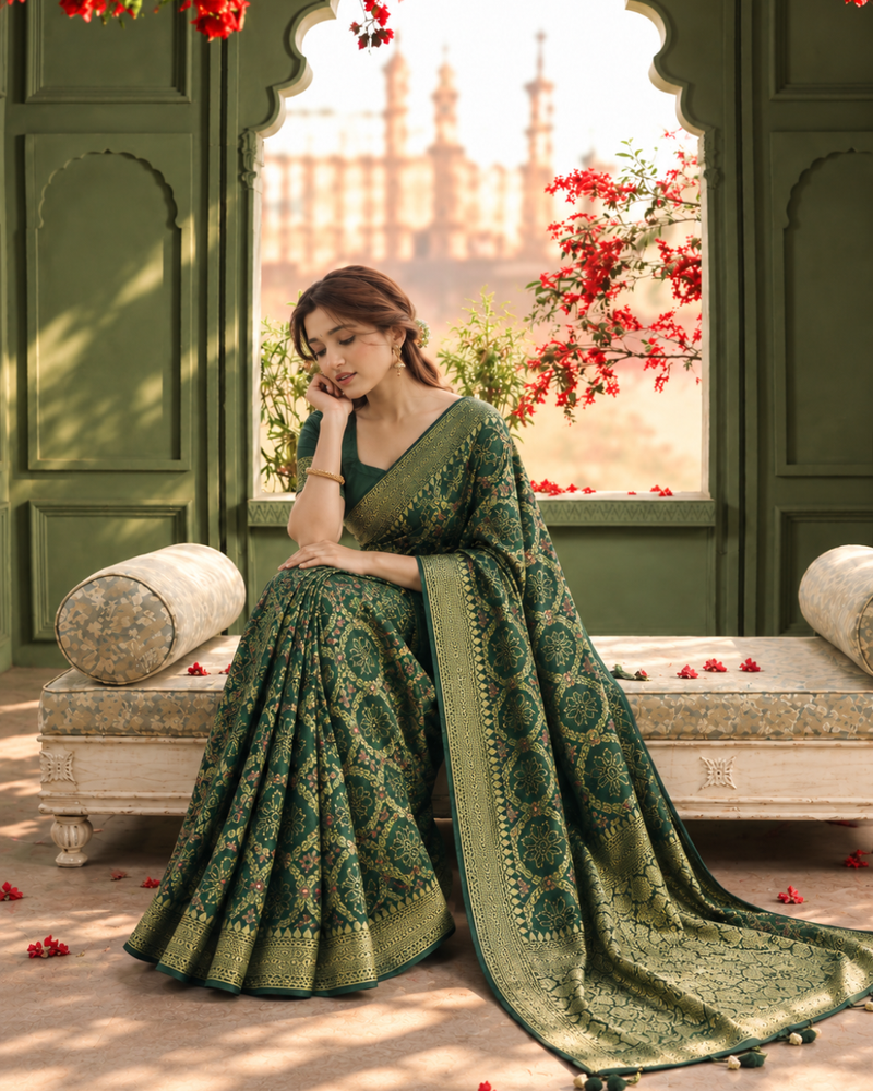 Bottle Green Bandhani Print Weave Silk Saree
