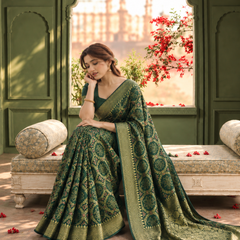 Bottle Green Bandhani Print Weave Silk Saree