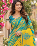 Teal & Yellow Leheriya Peacock Border Saree