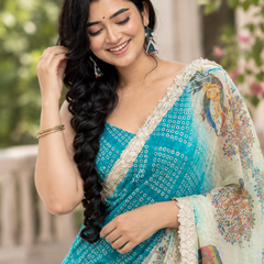 Turquoise Blue Bandhani Kalamkari Fandy Silk Saree
