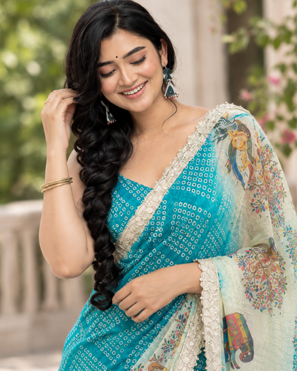 Turquoise Blue Bandhani Kalamkari Fandy Silk Saree
