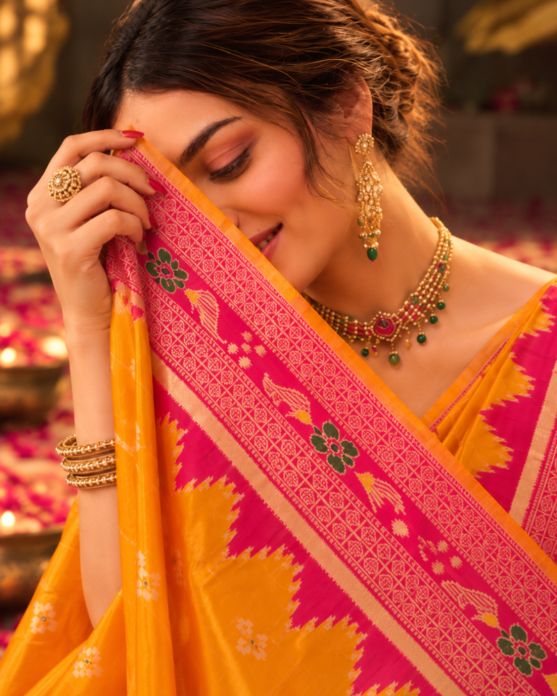 Mustard Yellow Rani Border Banarasi Silk Saree