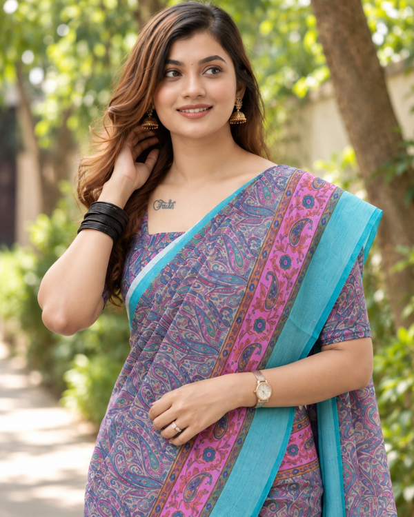 Lavender Paisley Print Chanderi Saree
