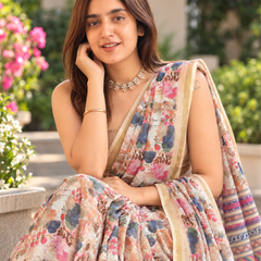 Ivory Floral Garden Zari Chanderi Saree