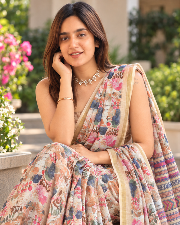 Ivory Floral Garden Zari Chanderi Saree
