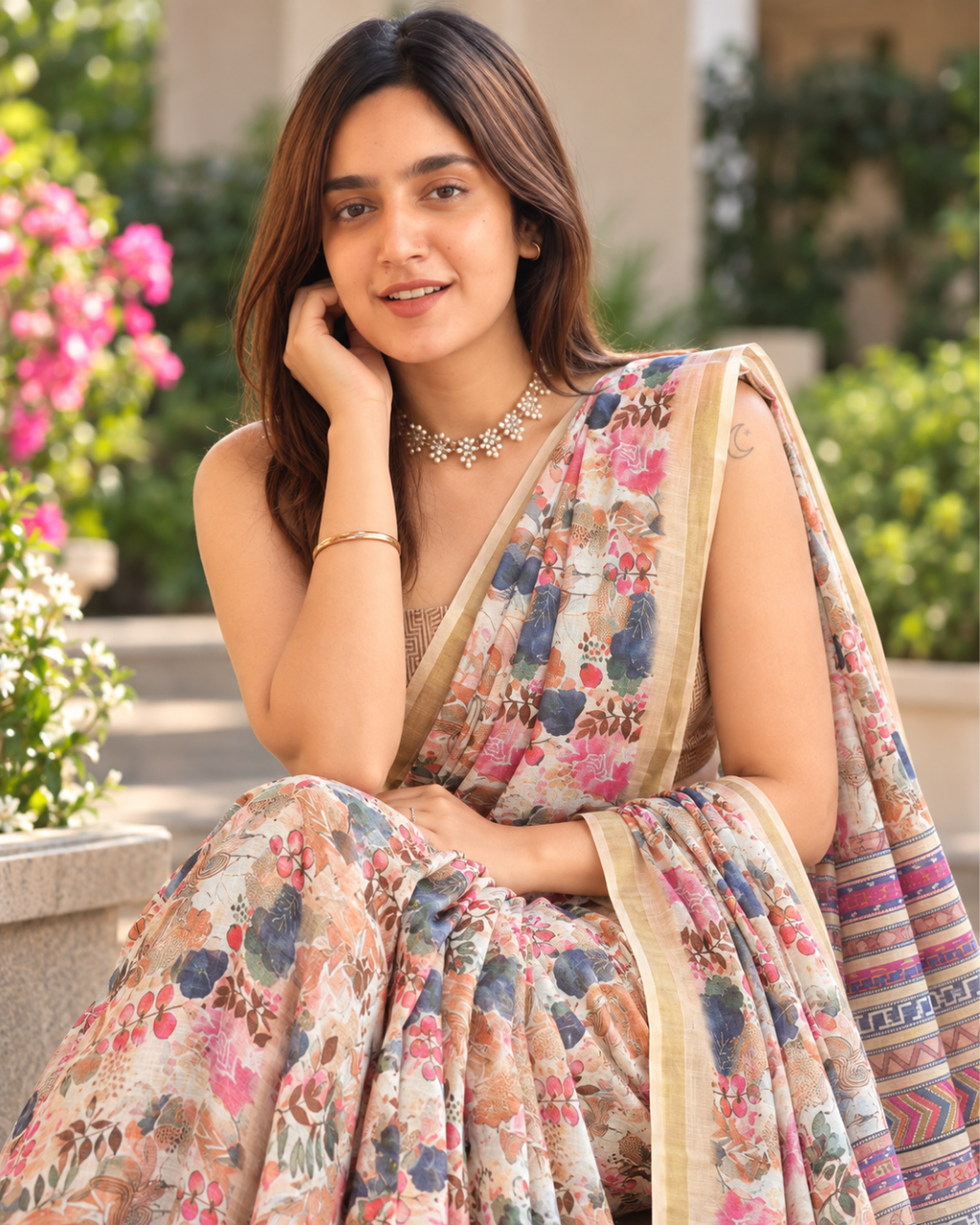 Ivory Floral Garden Zari Chanderi Saree