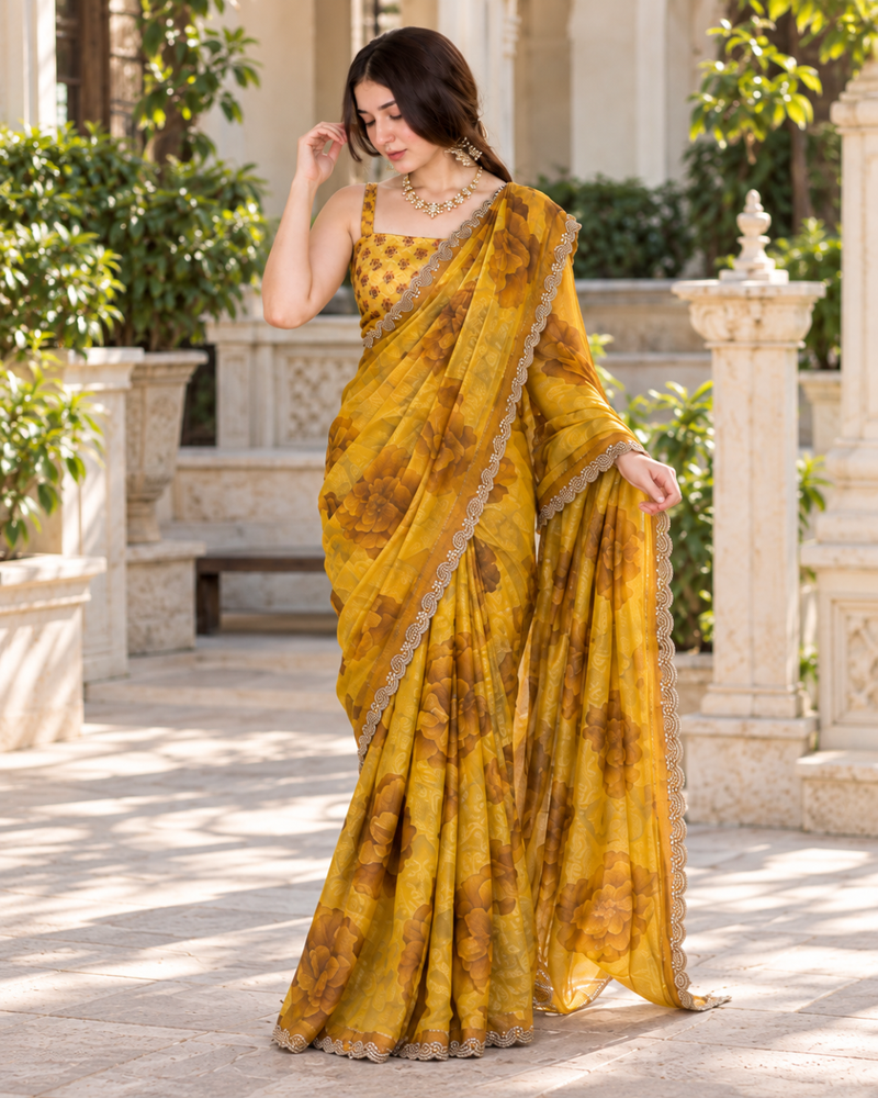 Mustard Ochre Watercolor Floral Fandy Silk Saree