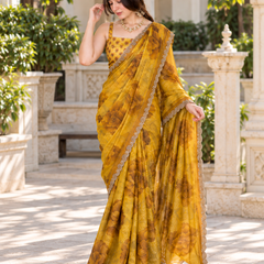 Mustard Ochre Watercolor Floral Fandy Silk Saree