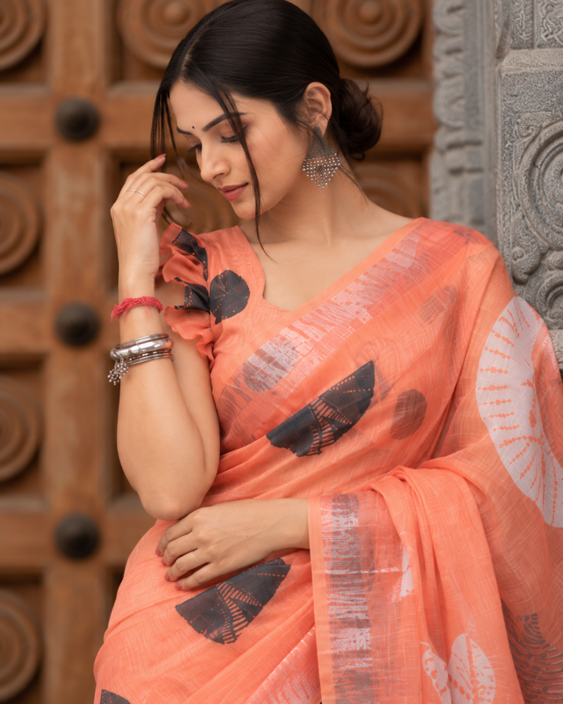 Tangerine Peach Half-Moon Shibori Motif Linen Saree