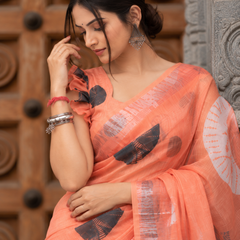 Tangerine Peach Half-Moon Shibori Motif Linen Saree