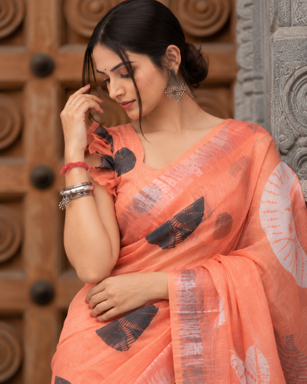 Tangerine Peach Half-Moon Shibori Motif Linen Saree