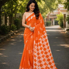 Orange Geometric & Tribal Print Chanderi Saree
