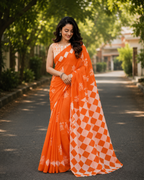 Orange Geometric & Tribal Print Chanderi Saree