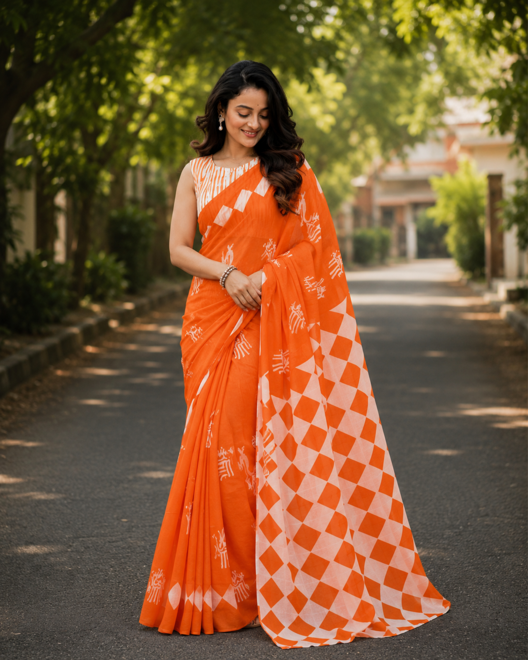 Orange Geometric & Tribal Print Chanderi Saree