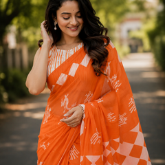 Orange Geometric & Tribal Print Chanderi Saree