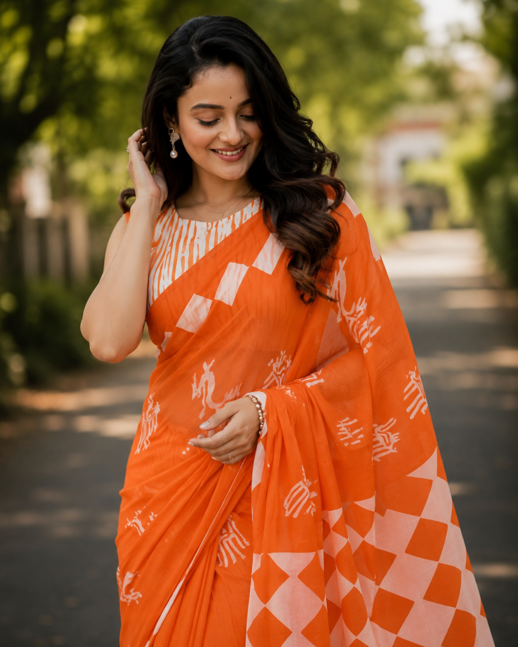 Orange Geometric & Tribal Print Chanderi Saree