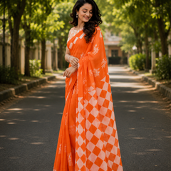 Orange Geometric & Tribal Print Chanderi Saree