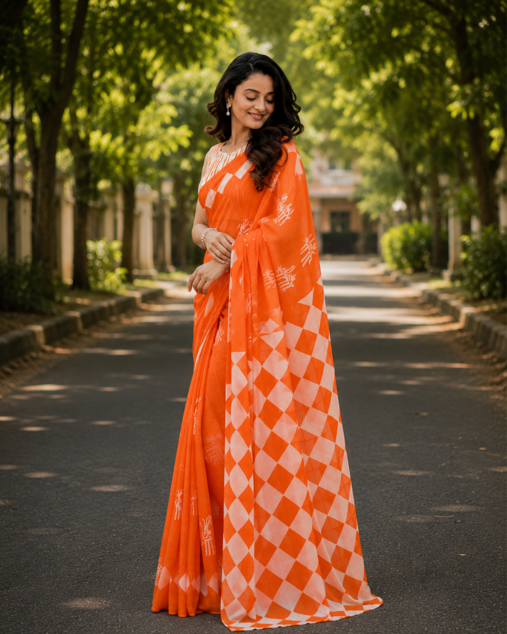 Orange Geometric & Tribal Print Chanderi Saree