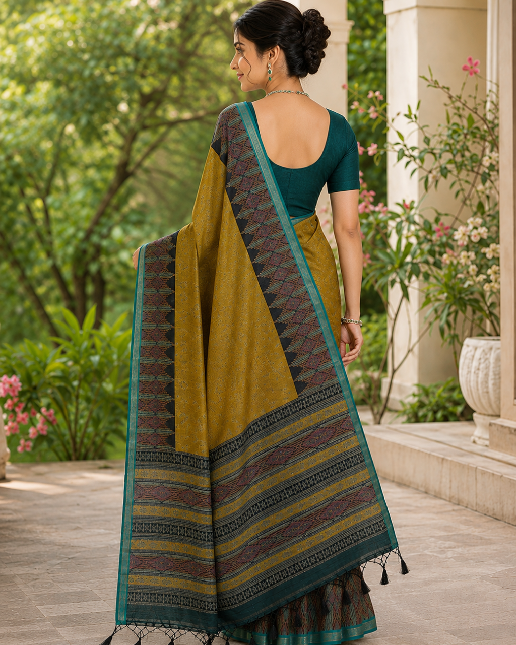 Antique Olive Mustard Ikat Weave Premium Silk Saree