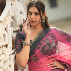 Fuchsia Pink Heritage Elephant Printed Linen Saree