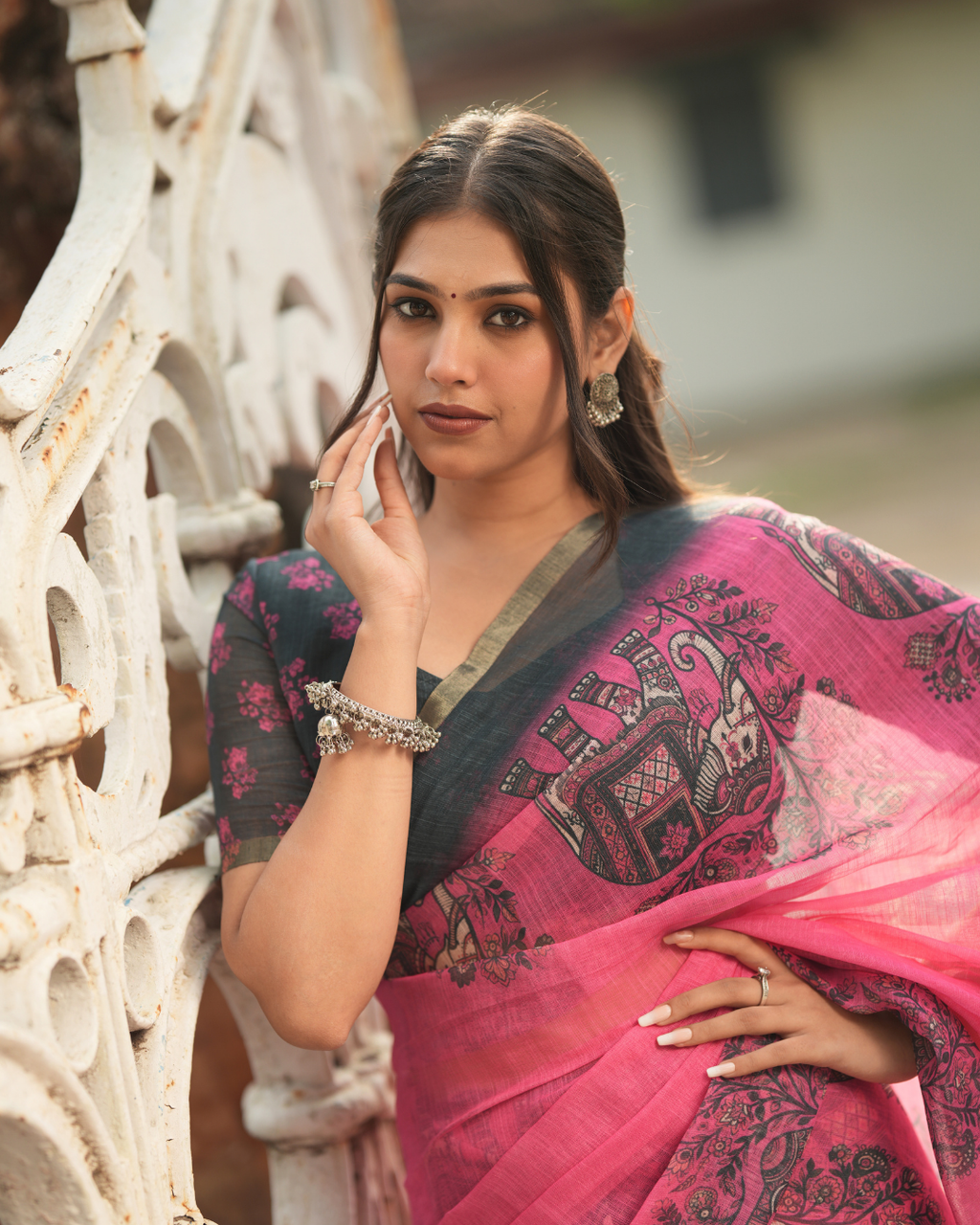 Fuchsia Pink Heritage Elephant Printed Linen Saree