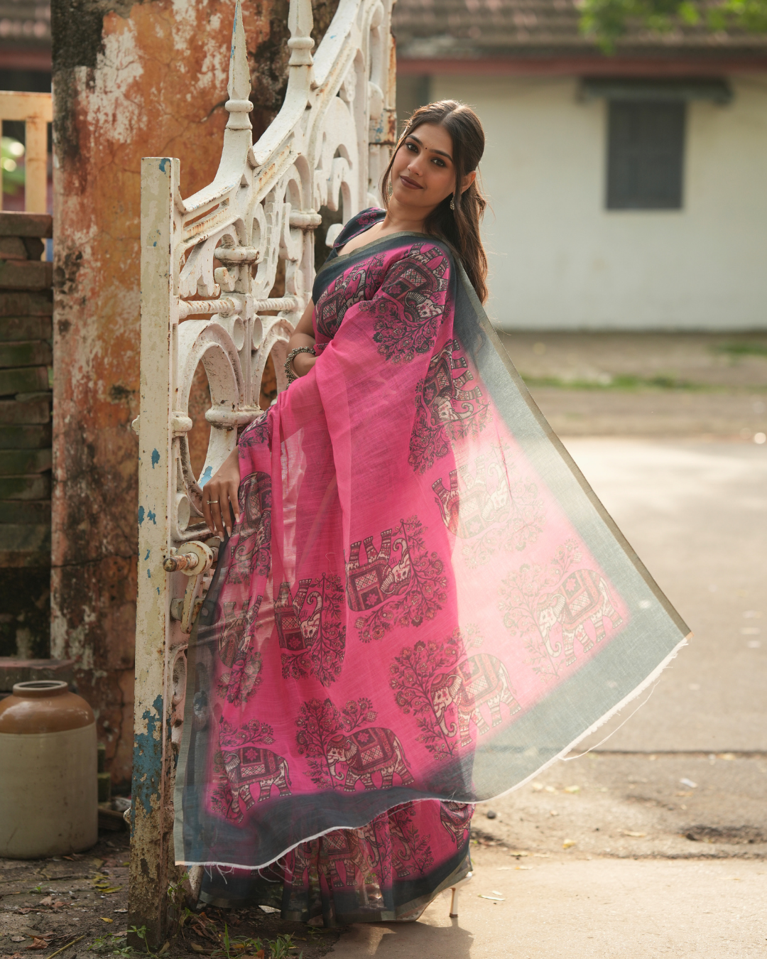 Fuchsia Pink Heritage Elephant Printed Linen Saree