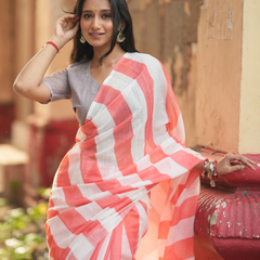 Coral Pink Diagonal Chevron Striped Linen Saree