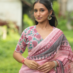 Baby Pink Mughal Floral Block Print Linen Saree