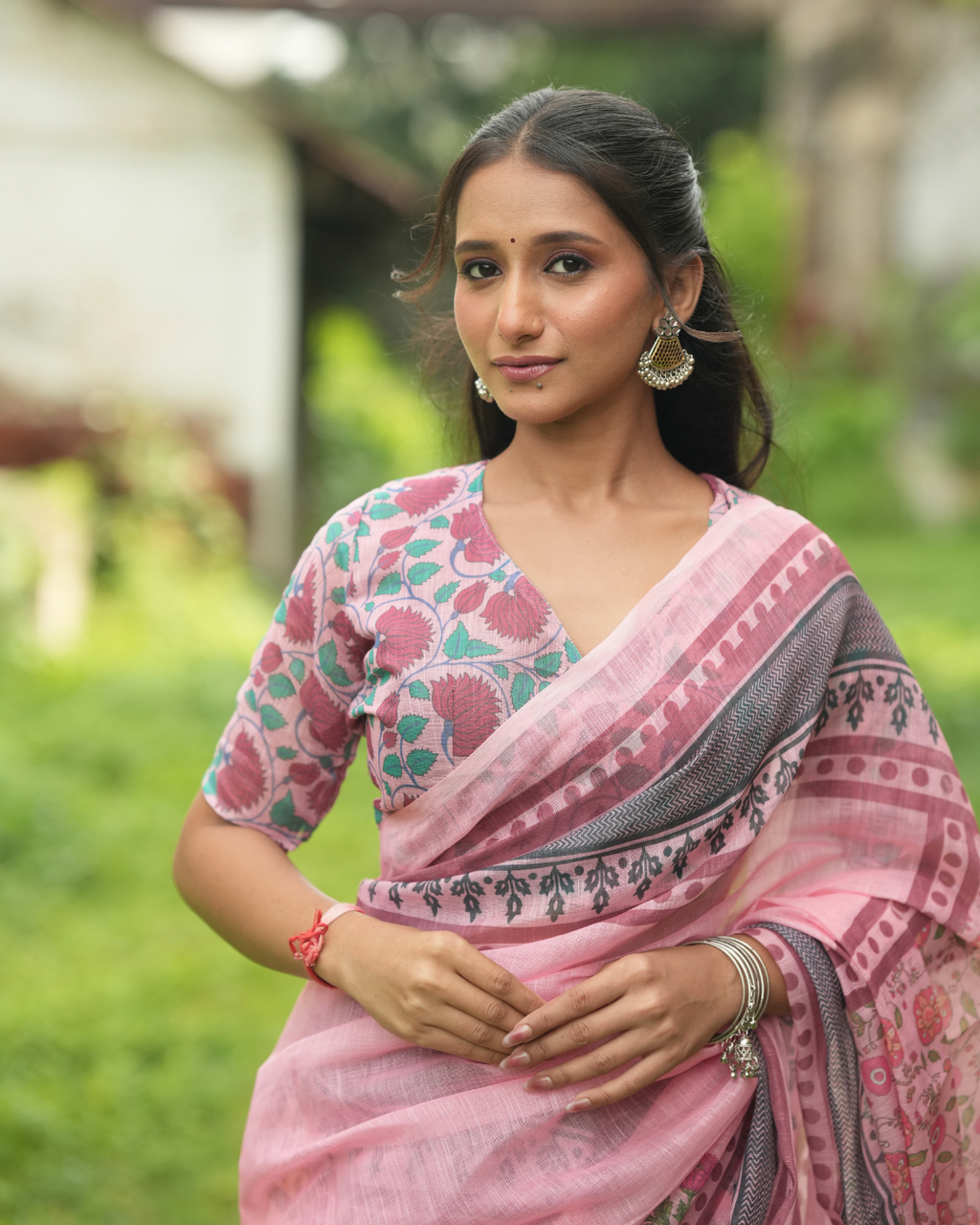 Baby Pink Mughal Floral Block Print Linen Saree
