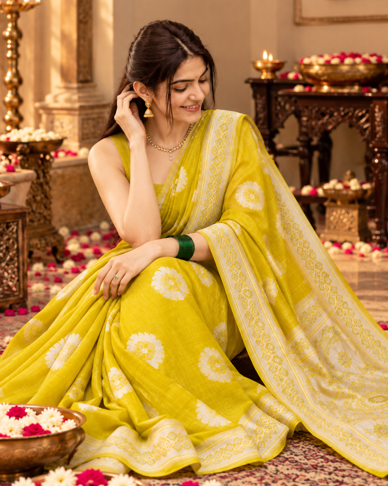 Chartreuse Medallion Jamdani Cotton Saree